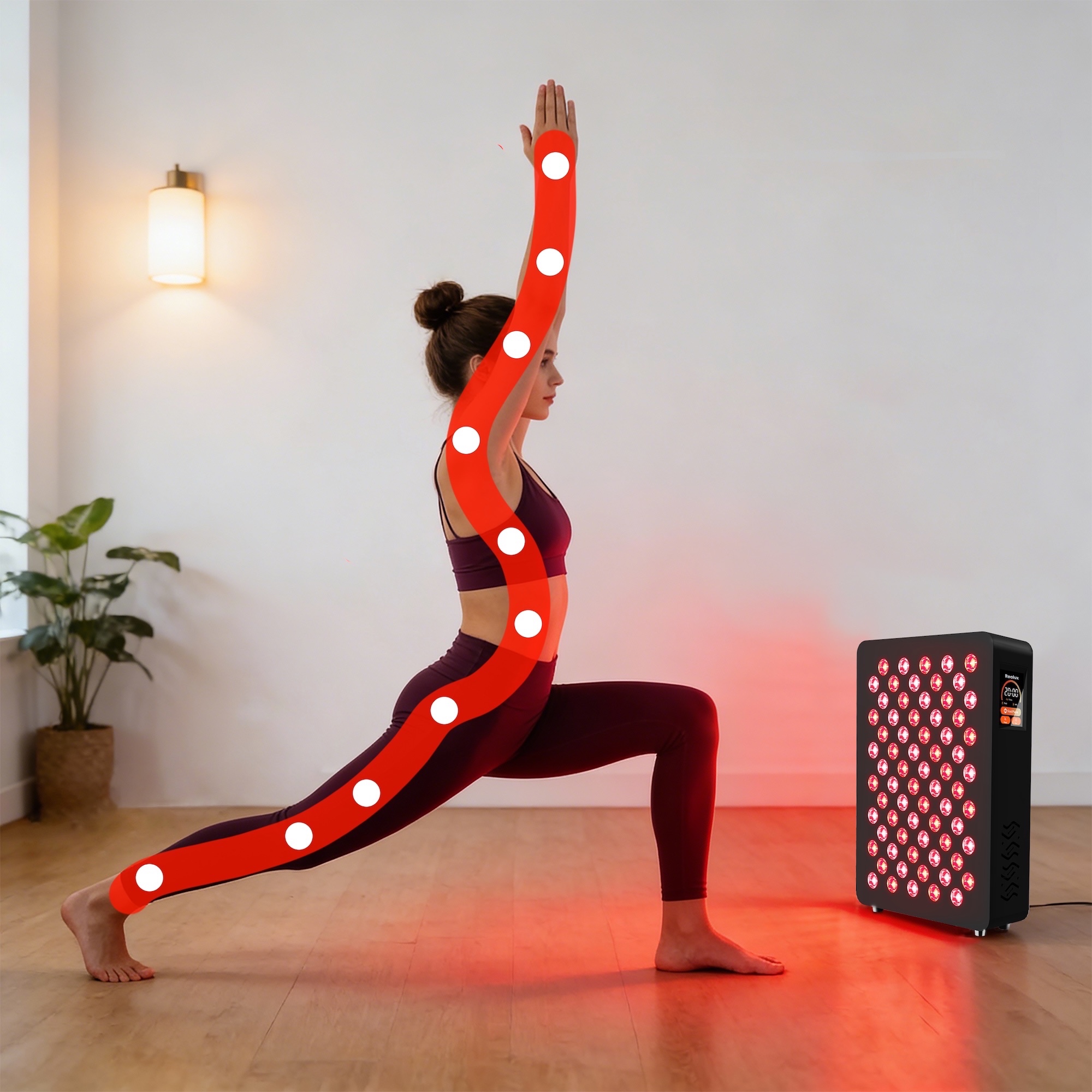 Woman using a red light therapy panel