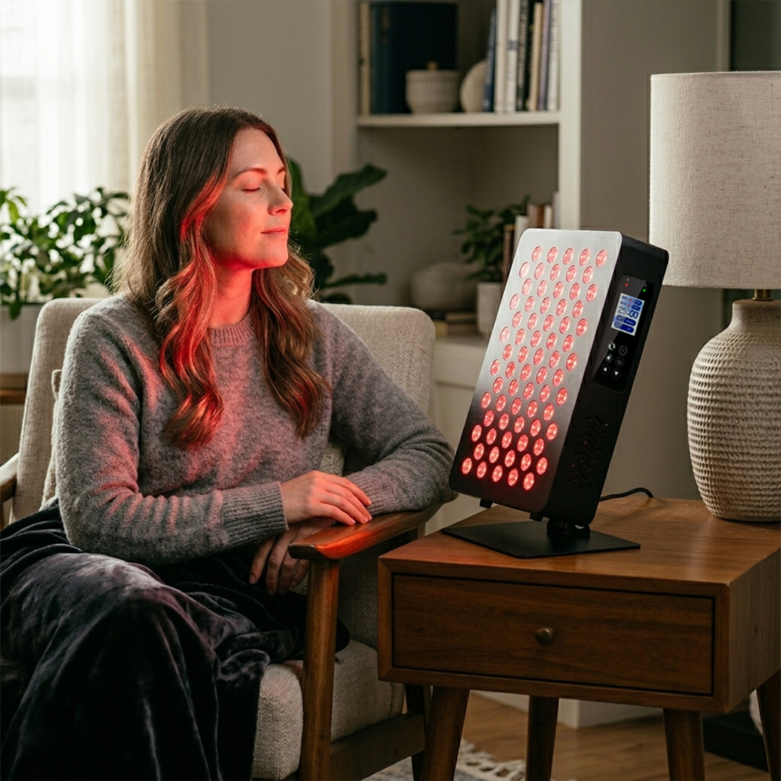 Woman using a red light therapy panel